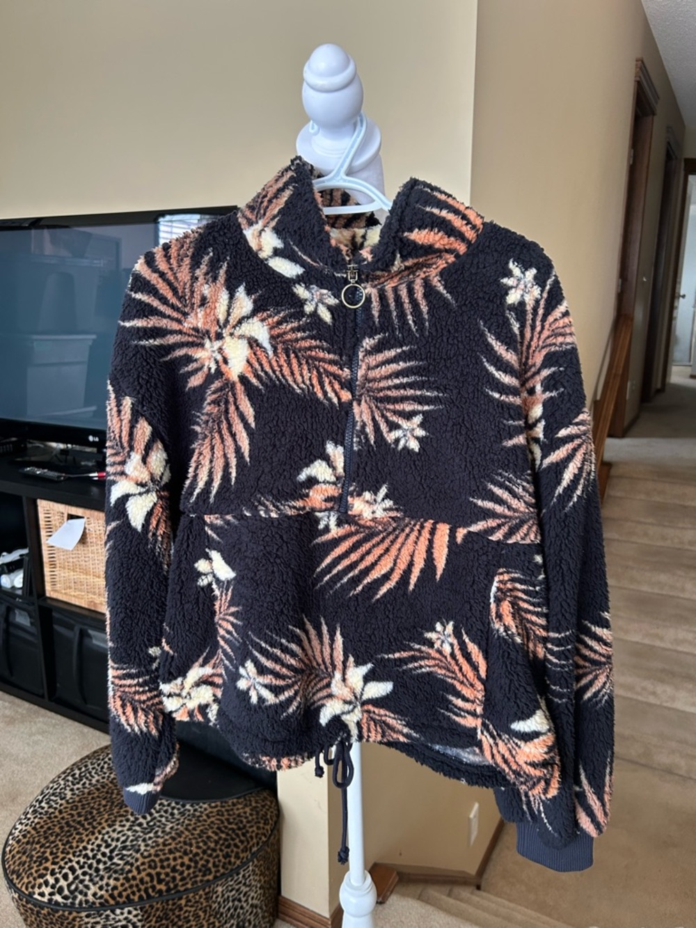 Billabong Time Off Teddy Fleece 3/4 Zip Up Pullover Jacket Tropical Print Skater